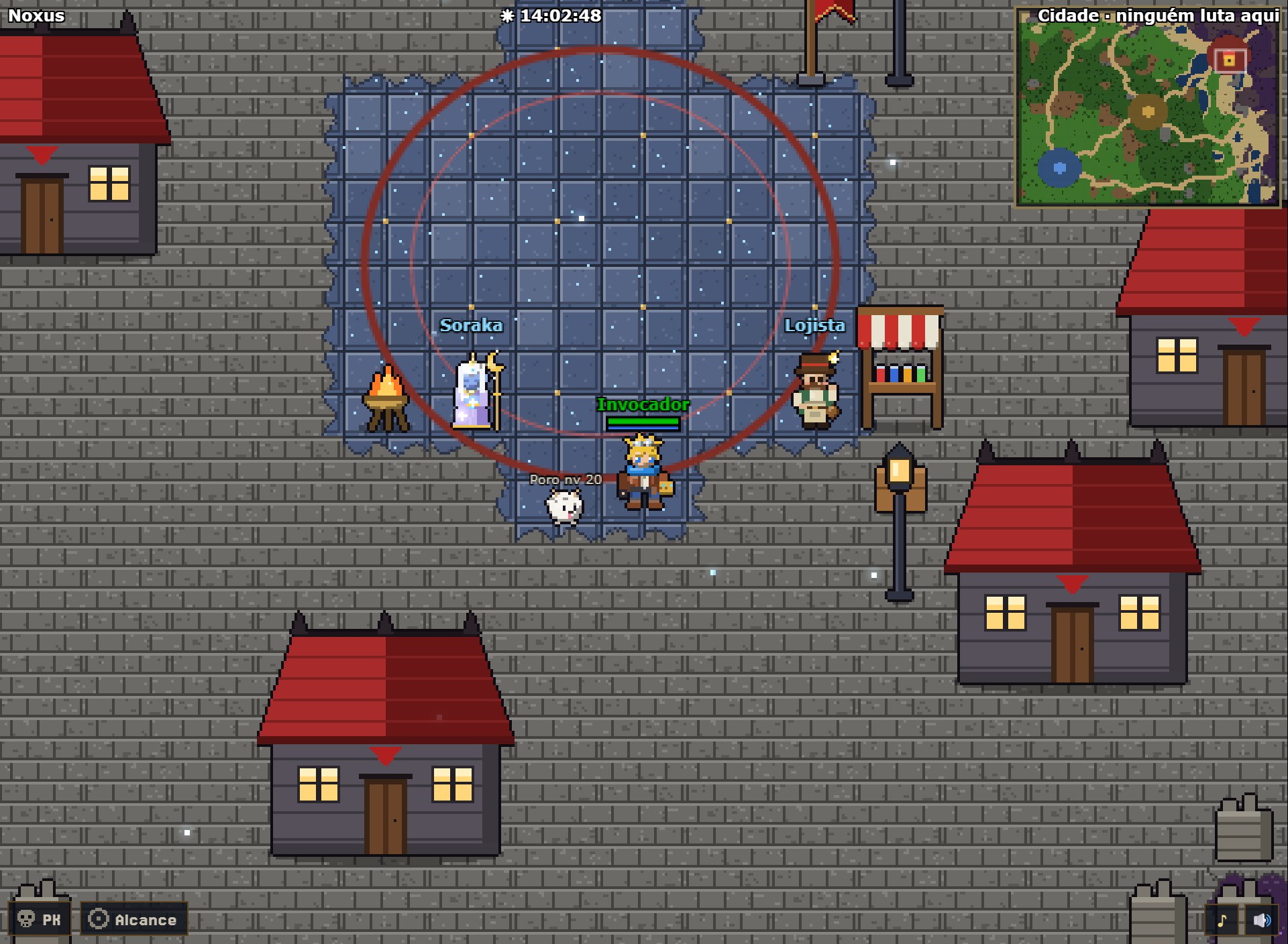 A praça de Noxus, com a Soraka, o Lojista e as casas de telhado vermelho