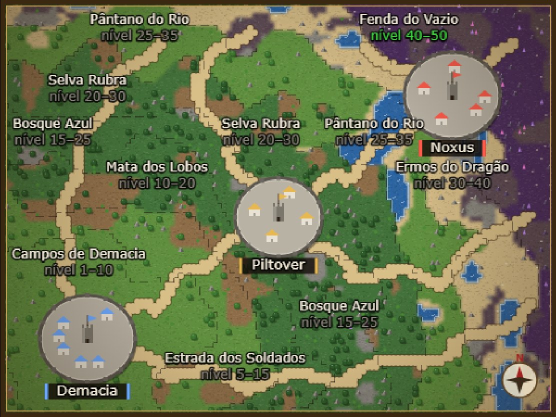 Mapa de Runeterra: Demacia no sudoeste, Piltover no centro e Noxus no nordeste, com as zonas de caça e a faixa de nível de cada uma